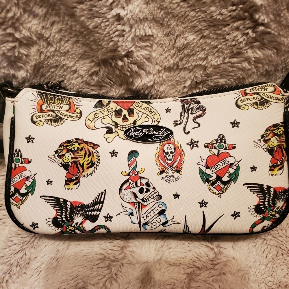 New Ed Hardy White Shoulder Y2K Crossbody Bag Tattoo Skull Love Kills Slowly - Picture 5 of 7